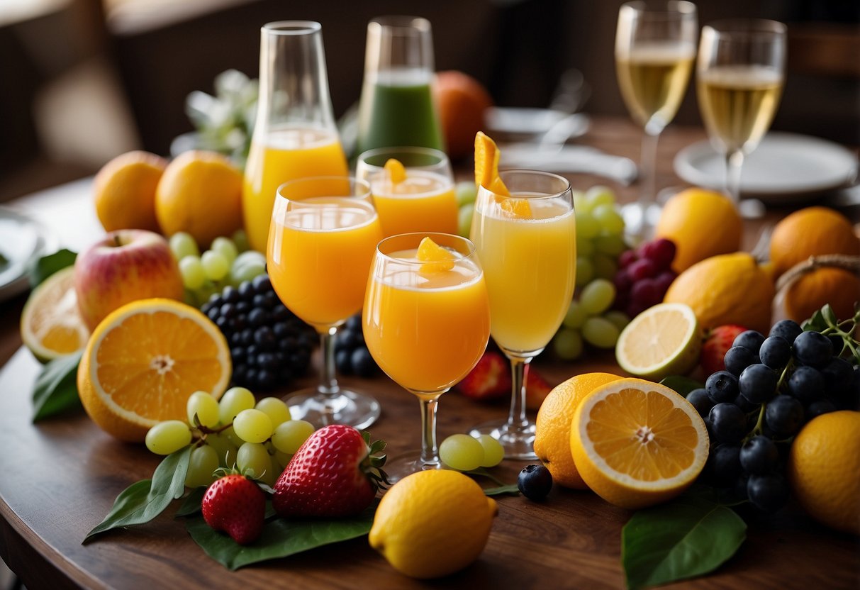 A table adorned with assorted juices, champagne, and fresh fruit. Flutes and garnishes arranged neatly for guests to create their own mimosas