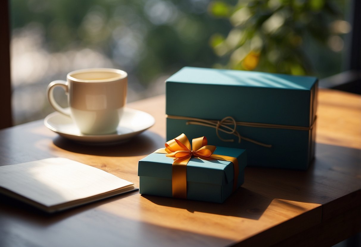 A note and gift laid out on a table with a morning window light