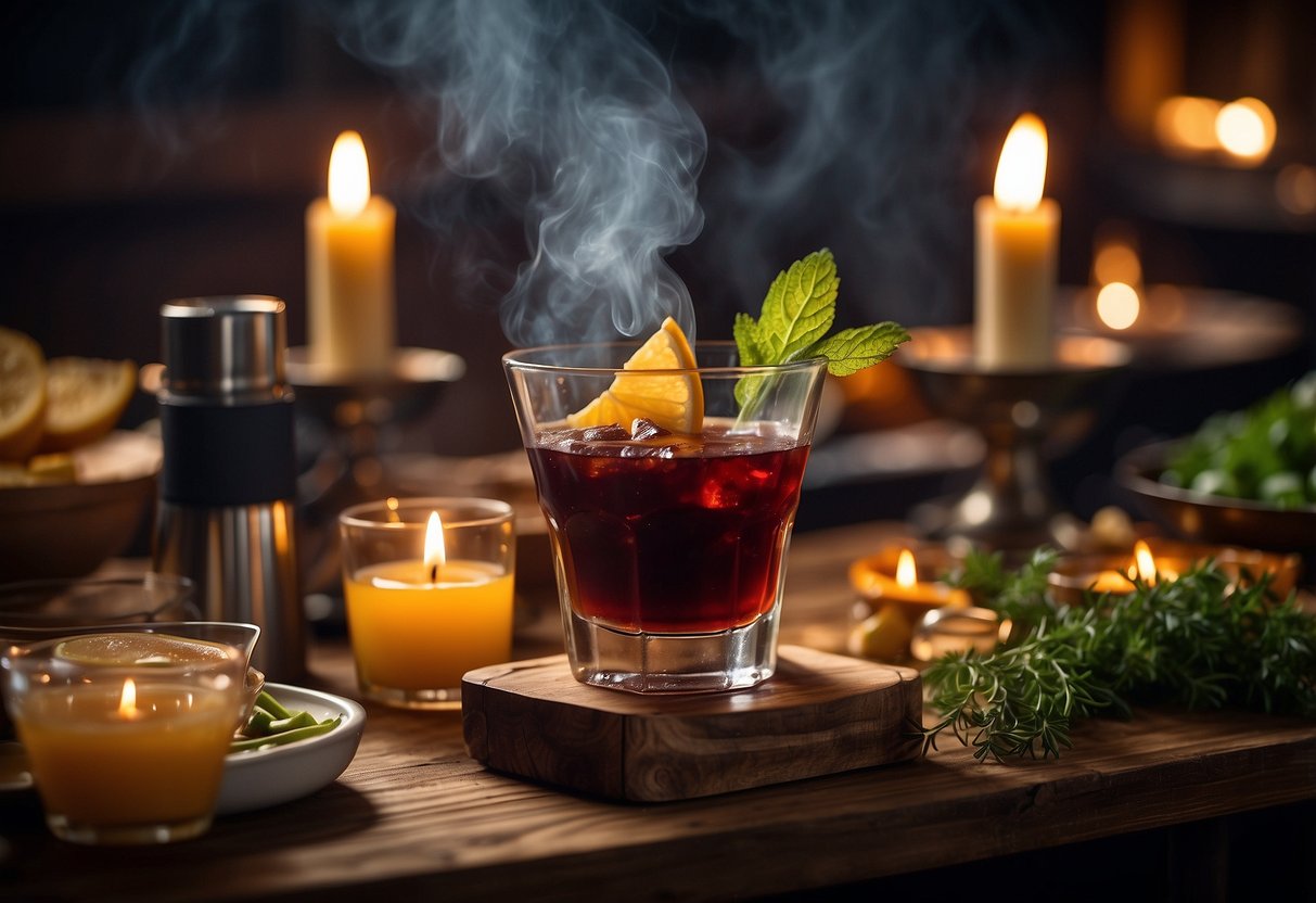 A rustic wooden table adorned with BBQ-themed cocktail menu, surrounded by flickering candles and smoky barbecue aromas