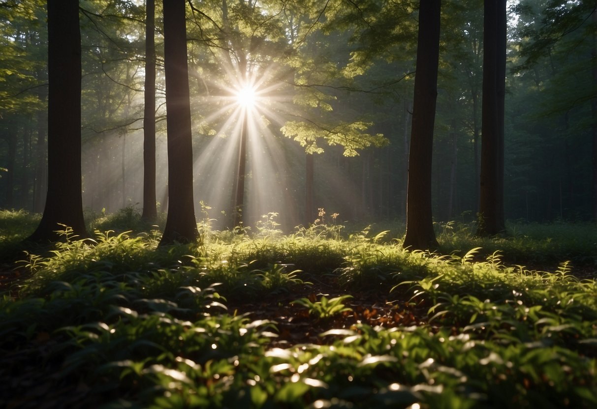 Morning sunlight filters through the trees, casting dappled shadows on the forest floor. A gentle breeze rustles the leaves, creating a peaceful and serene atmosphere