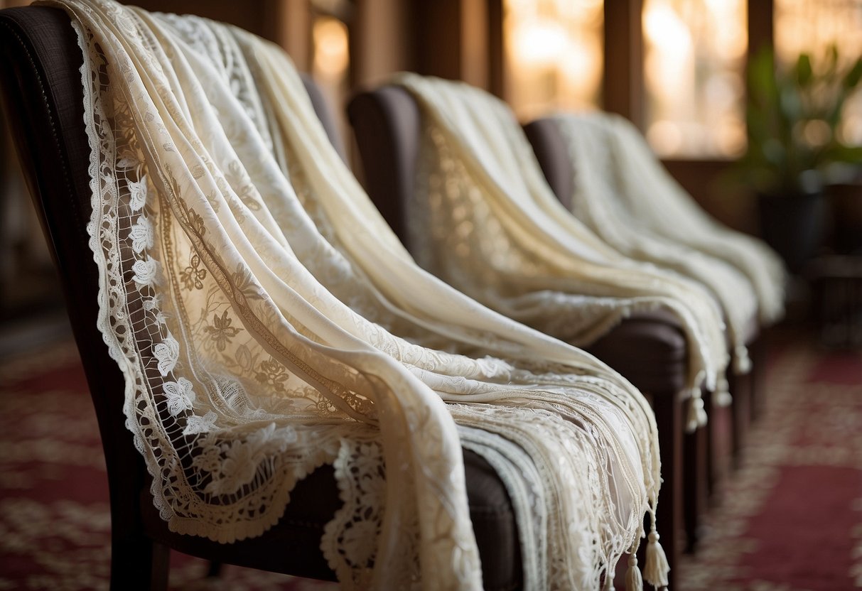 Various elegant shawls and wraps draped over chairs, with delicate lace, beading, and silk fabric, in a soft color palette