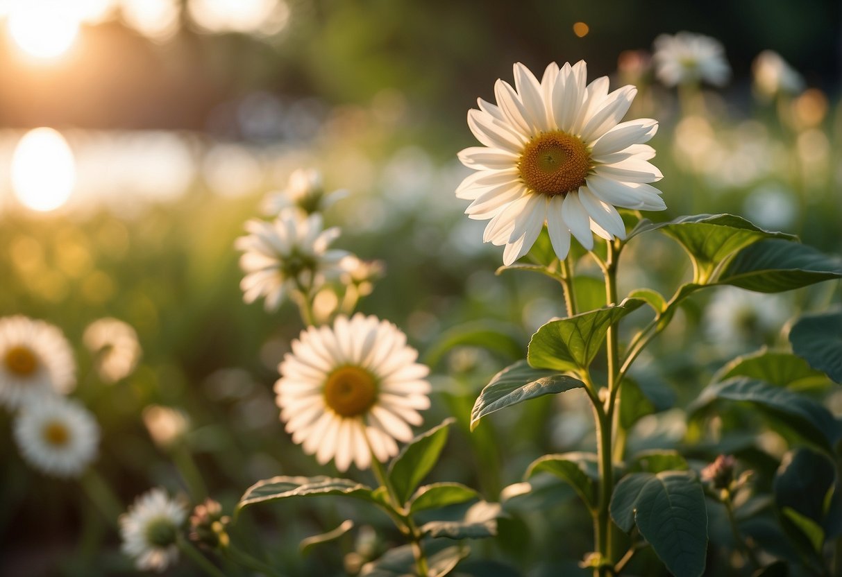 The sun rises over a tranquil garden, casting a warm glow on the blooming flowers and elegant decorations. A gentle breeze carries the sweet scent of fresh blooms, creating a serene and romantic atmosphere for a wedding