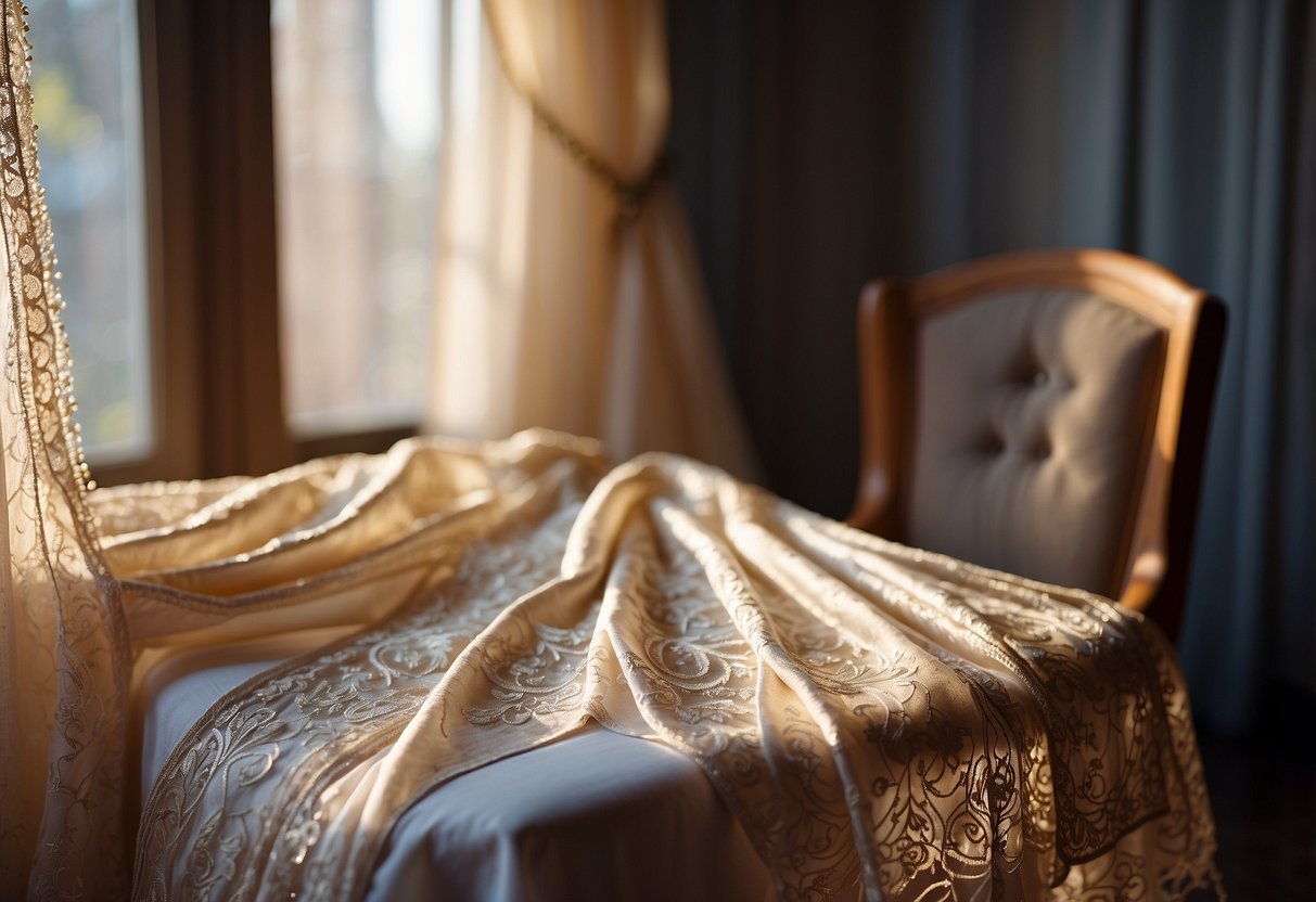 A silk shawl drapes elegantly over a chair, with delicate lace details and shimmering beads catching the light