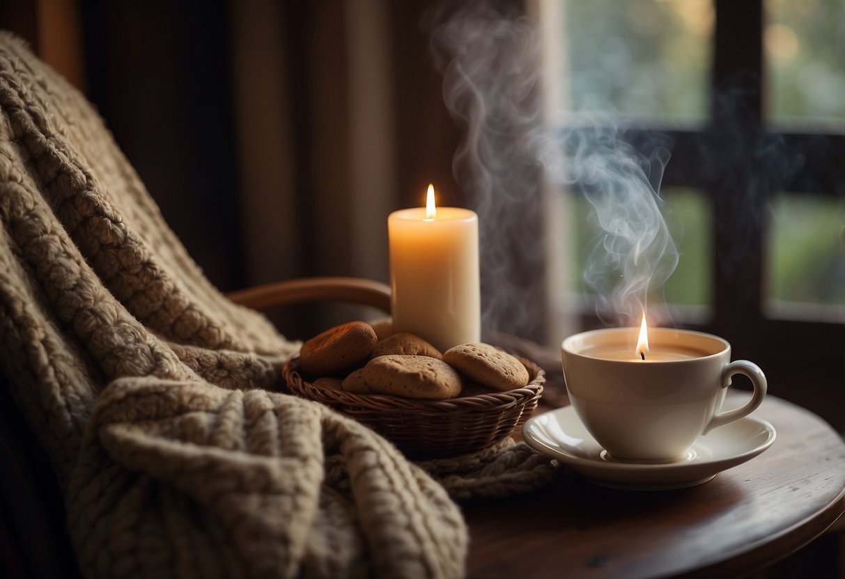 A serene scene of a steaming cup of herbal tea, a flickering candle, and a soft bathrobe laid out on a cozy chair