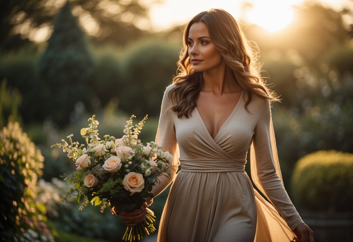 A woman in a flowing cashmere wrap walks through a garden, her silhouette framed by the soft glow of sunset. She carries a delicate bouquet of flowers, adding a touch of elegance to her wedding guest attire