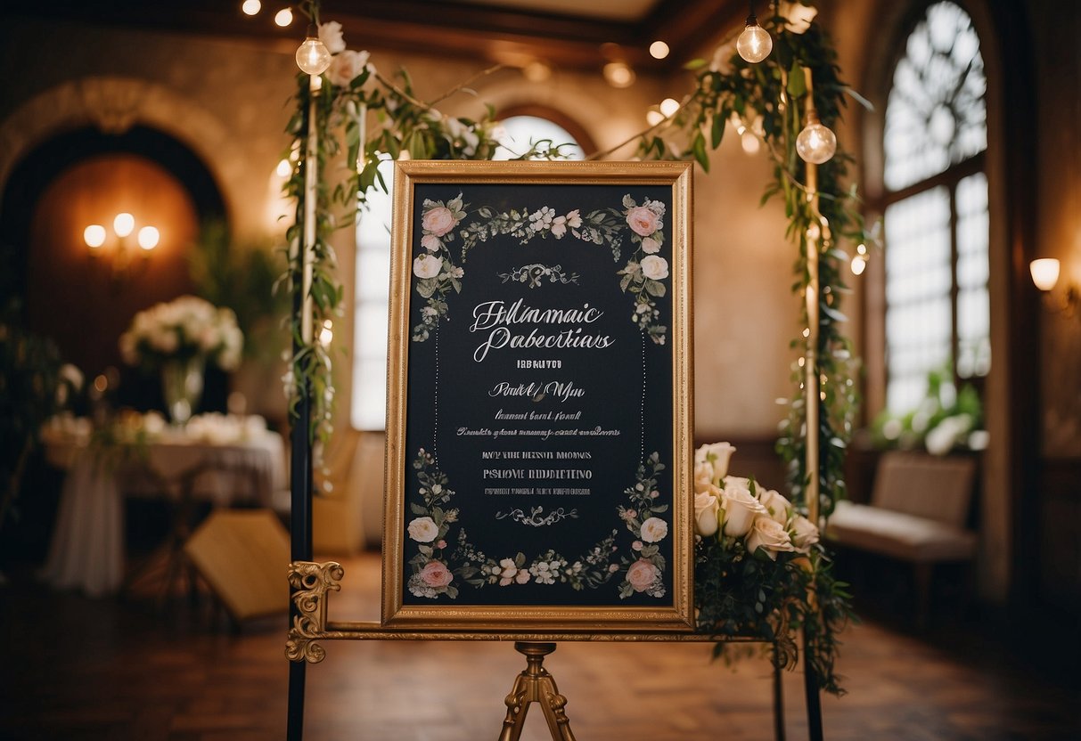 A photo booth at a wedding, adorned with romantic props and a decorative backdrop, with a sign inviting guests to capture memories