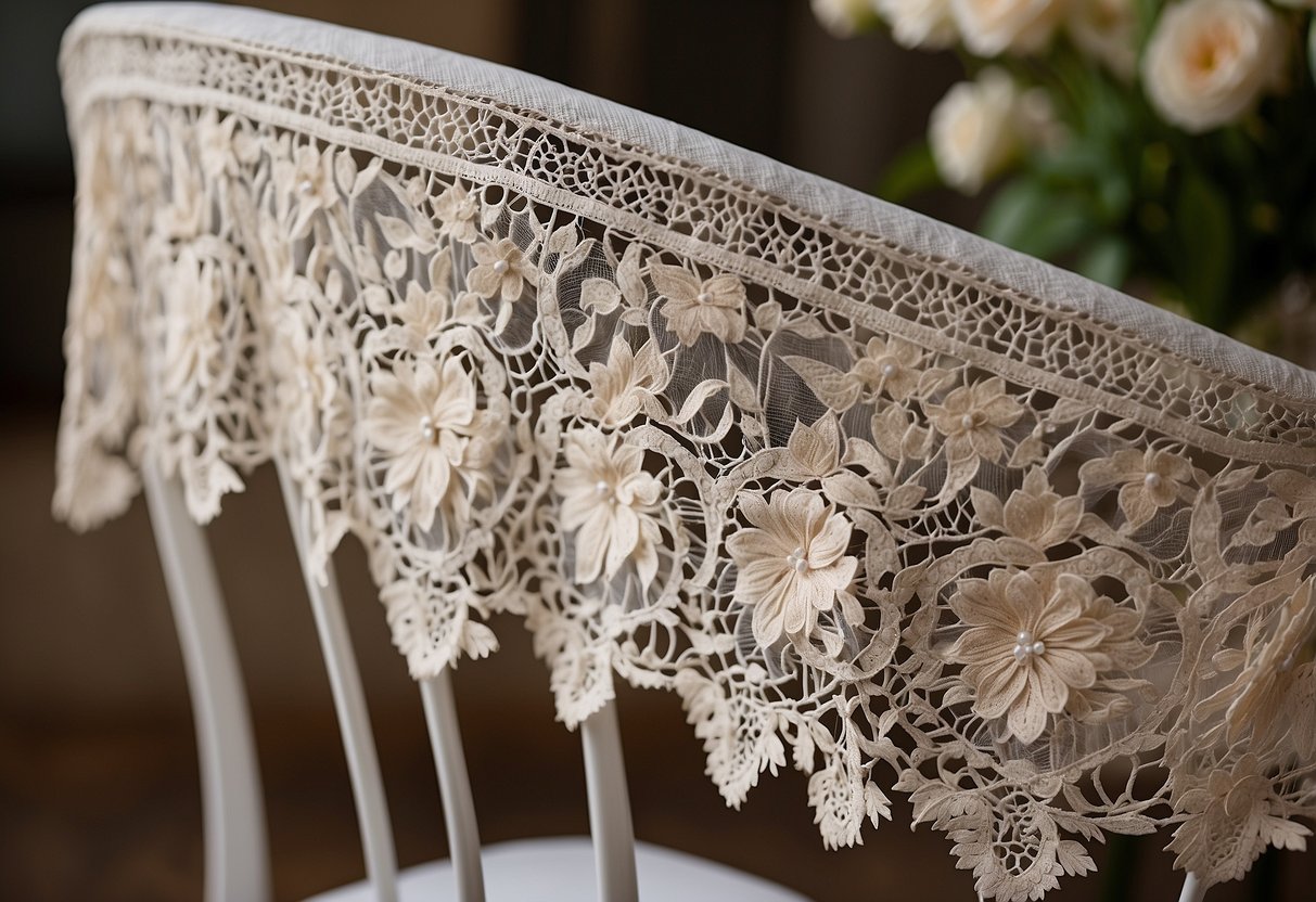 A lace bolero draped over a chair, with delicate floral patterns and scalloped edges, ready to be worn as a wedding guest cover-up