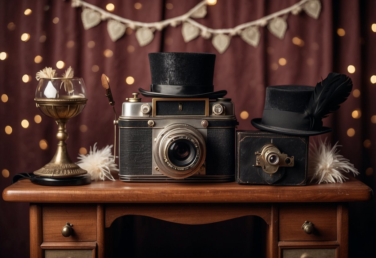 A vintage photo booth adorned with antique props for a wedding. Items include old cameras, top hats, feather boas, and vintage frames