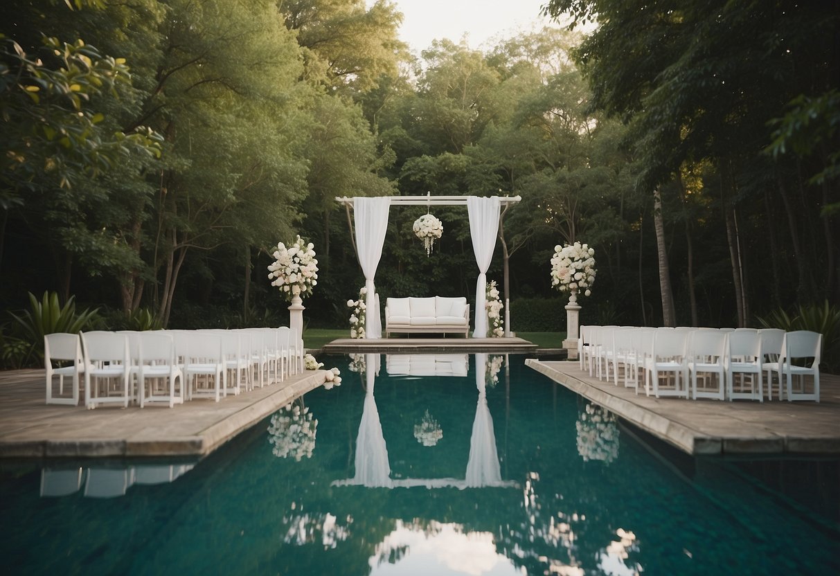 A serene poolside wedding: white chairs arranged around the water's edge, flower petals floating on the surface, and a simple, elegant altar under a canopy of greenery