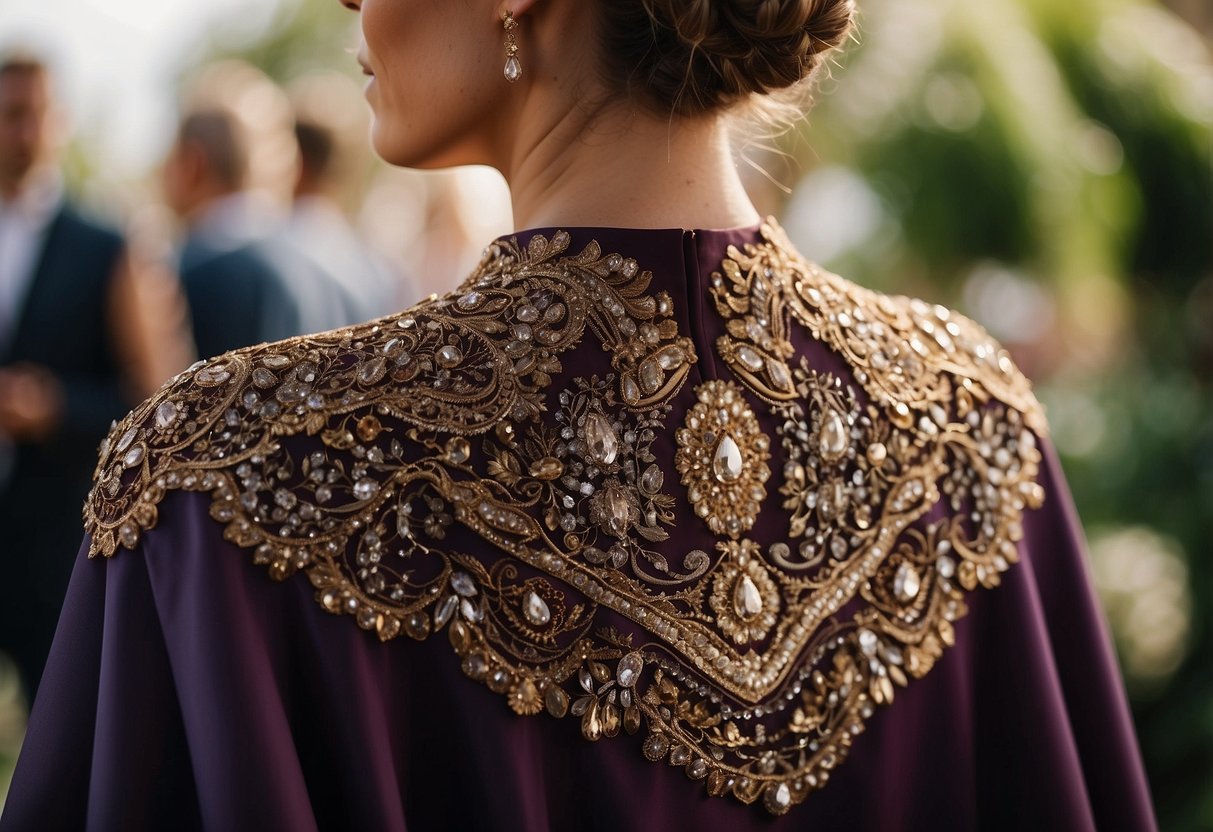 A flowing cape in rich, jewel-toned fabric drapes elegantly over a wedding guest's shoulders, adorned with intricate lace and beading details