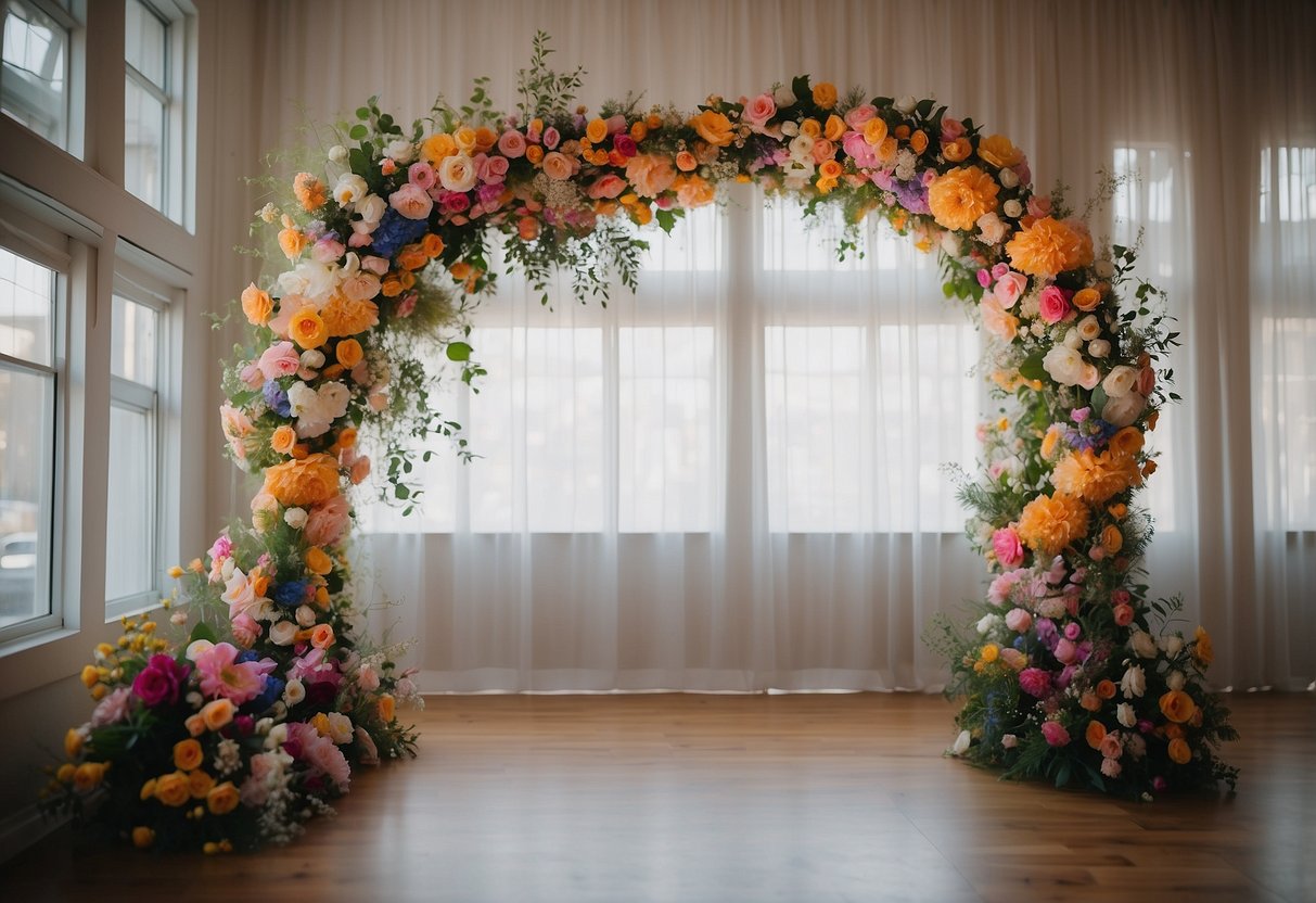 A colorful flower arch frames a photo booth at a wedding, inviting guests to capture memories in a whimsical and romantic setting