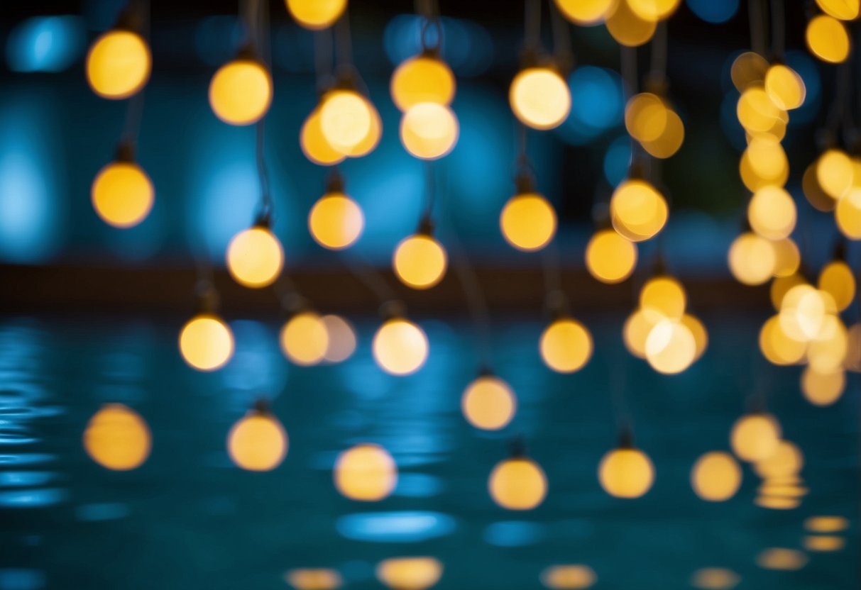 Colorful fairy lights twinkle underwater in a pool, illuminating a wedding ceremony