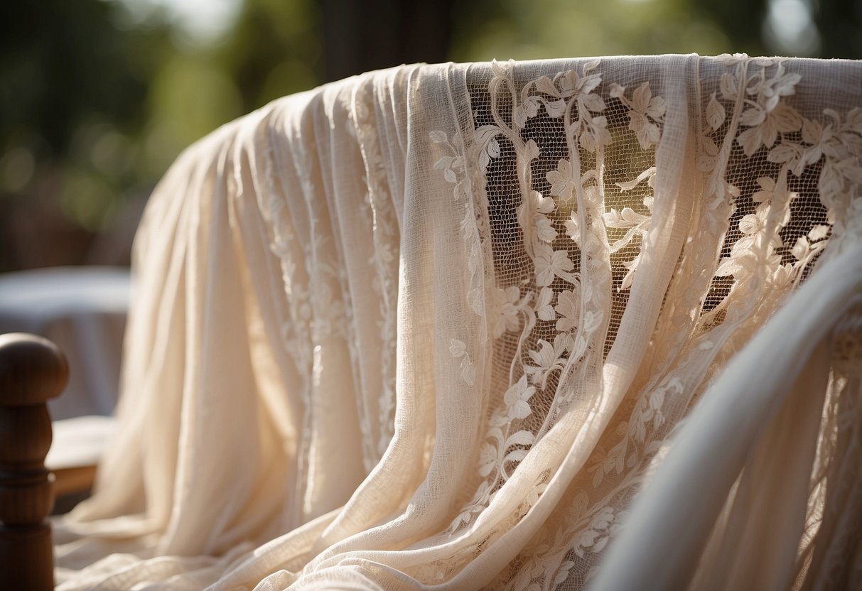 A delicate chiffon cardigan drapes over a chair, adorned with intricate lace and beading, ready for a wedding guest to slip on