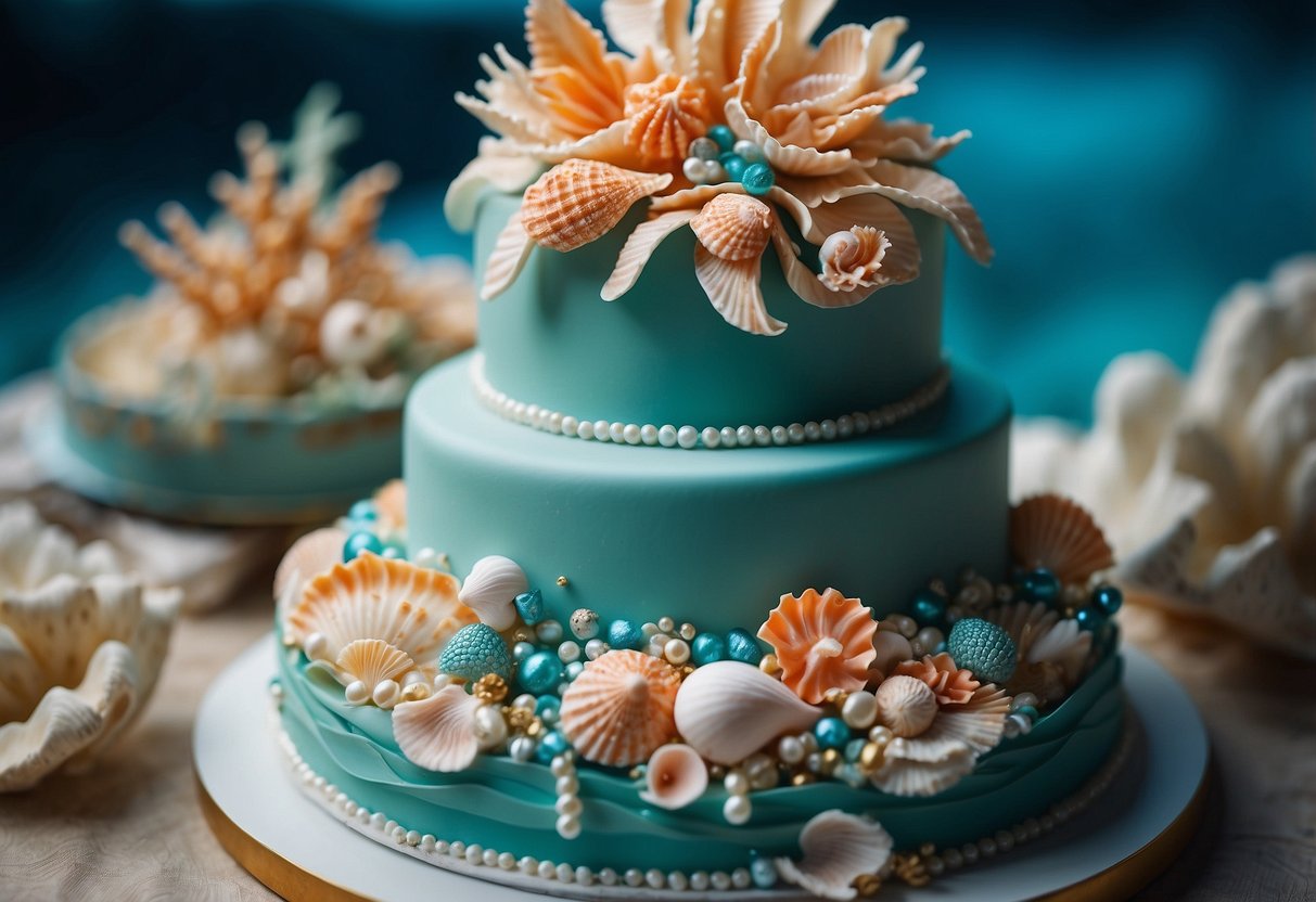 A multi-tiered wedding cake with aqua-colored icing and intricate ocean-themed decorations. Seashells, pearls, and coral adorn the cake, creating a stunning underwater scene