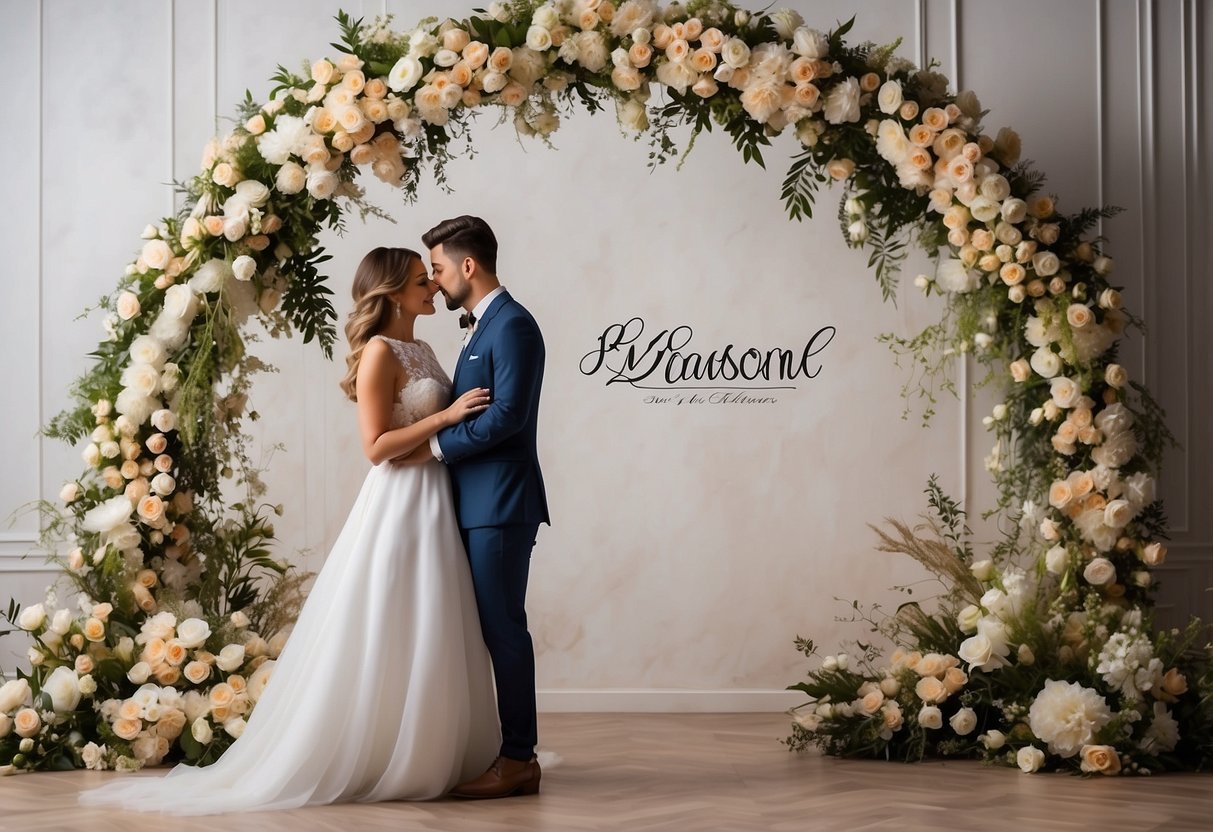 A custom backdrop with the names of the couple in elegant script, surrounded by decorative elements and flowers, sets the stage for a romantic and personalized wedding photo booth