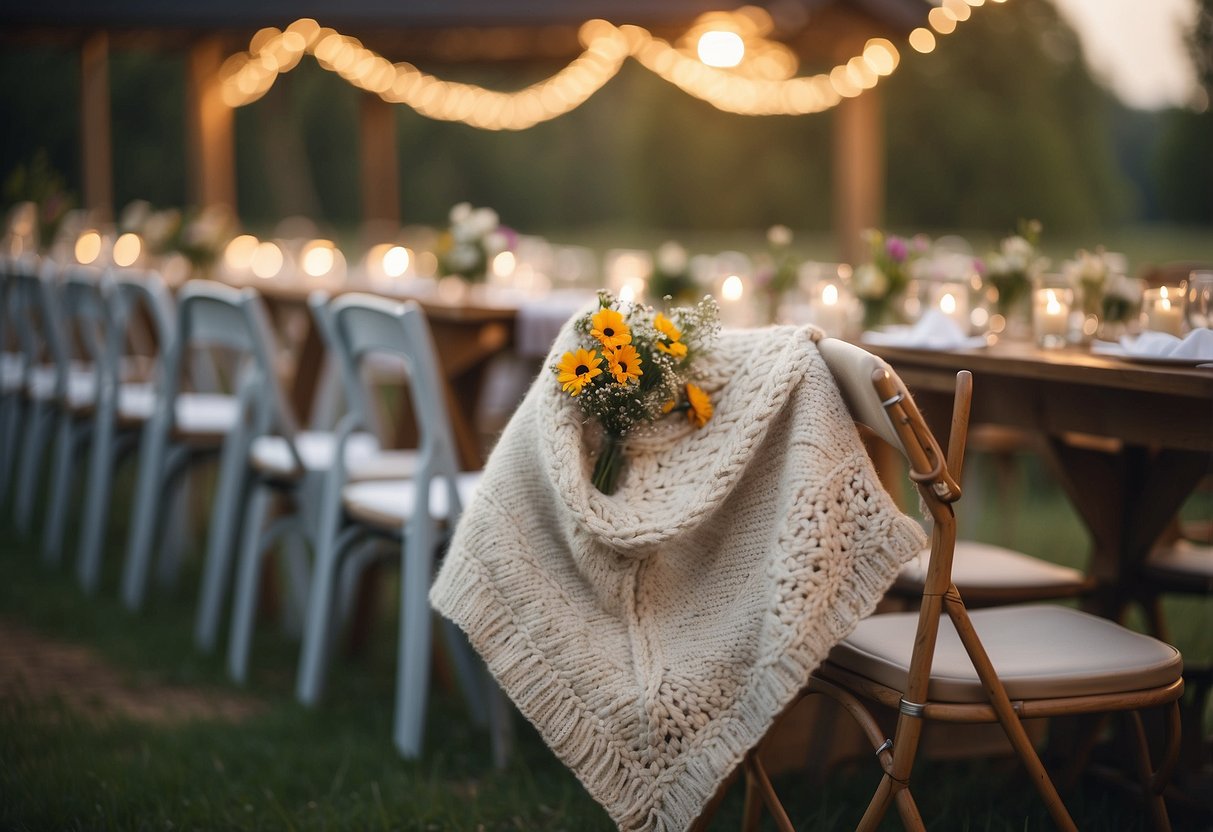 A cozy knit poncho drapes over a chair at a rustic outdoor wedding, with wildflowers and twinkling lights in the background