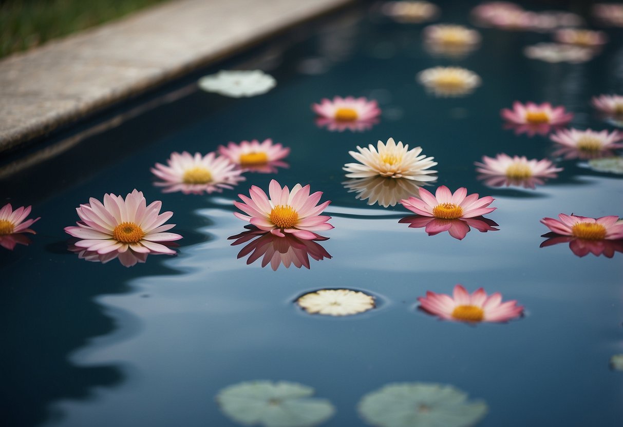 Flower petals float on a tranquil pool, creating a whimsical and romantic setting for a wedding ceremony