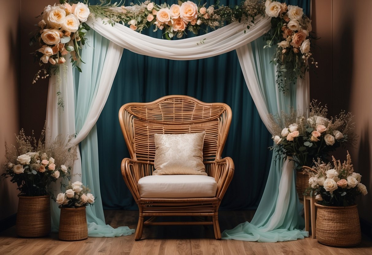 A boho rattan chair sits in a whimsical photo booth setup at a wedding, adorned with flowers and draped fabric for a romantic and rustic feel