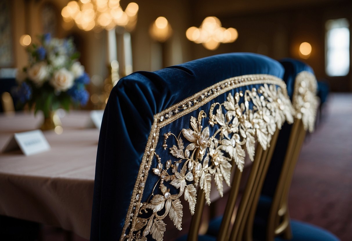 A velvet shrug draped over the back of a chair, with delicate lace trim and intricate beading, ready for a wedding guest to slip on