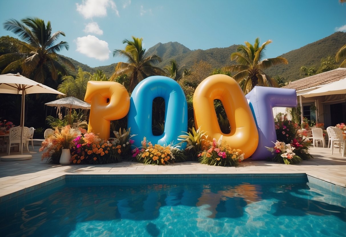 Colorful inflatable letters spelling "POOL" floating in a clear blue pool, surrounded by tropical flowers and wedding decor