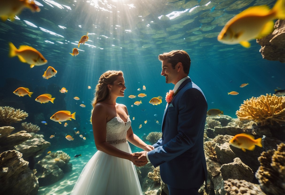 A couple exchanges vows in an underwater pool surrounded by colorful fish and vibrant coral, with sunlight streaming through the water