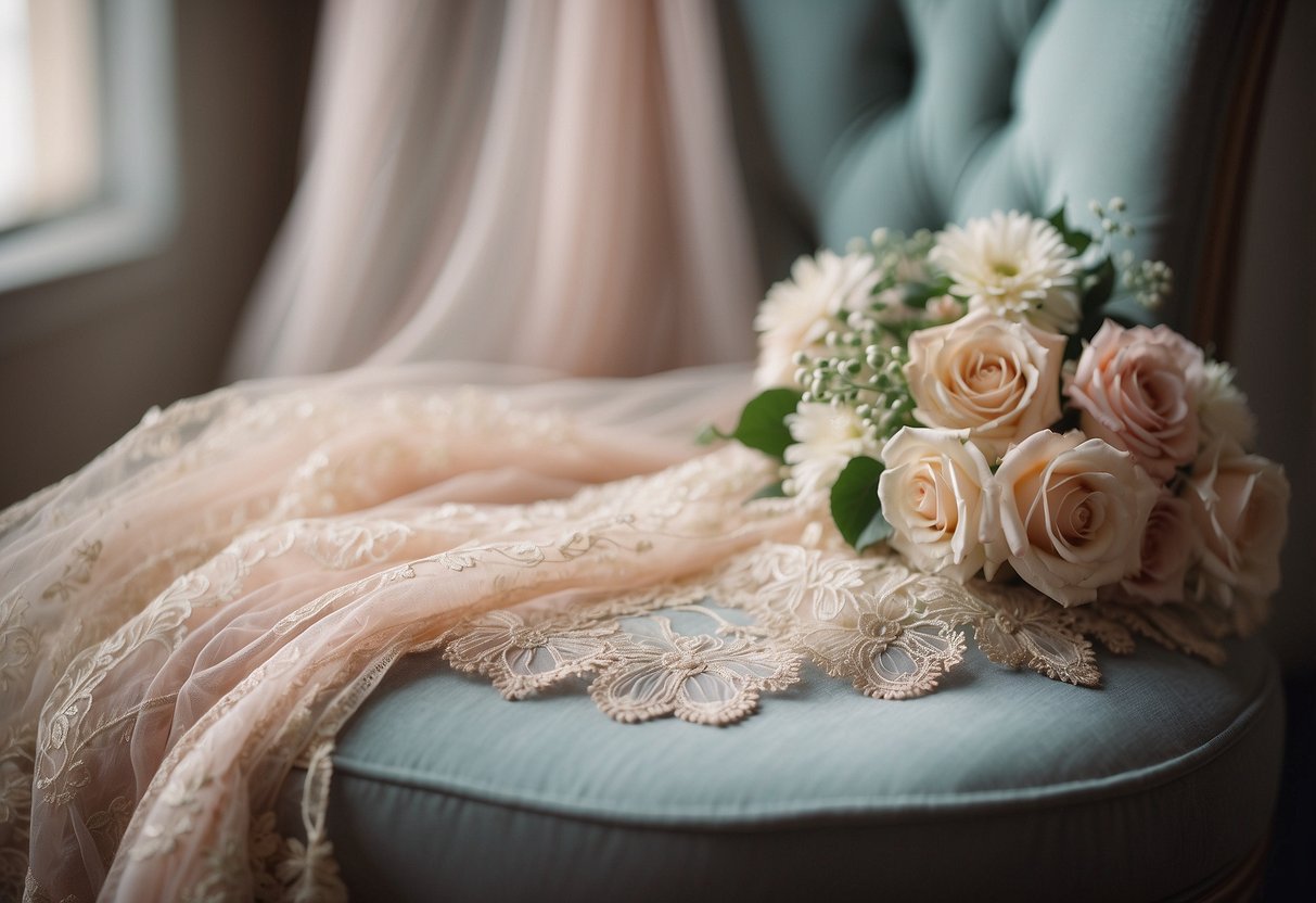 A delicate tulle kimono draped over a chair, with intricate lace detailing and soft pastel hues, adding a touch of elegance to a wedding ensemble