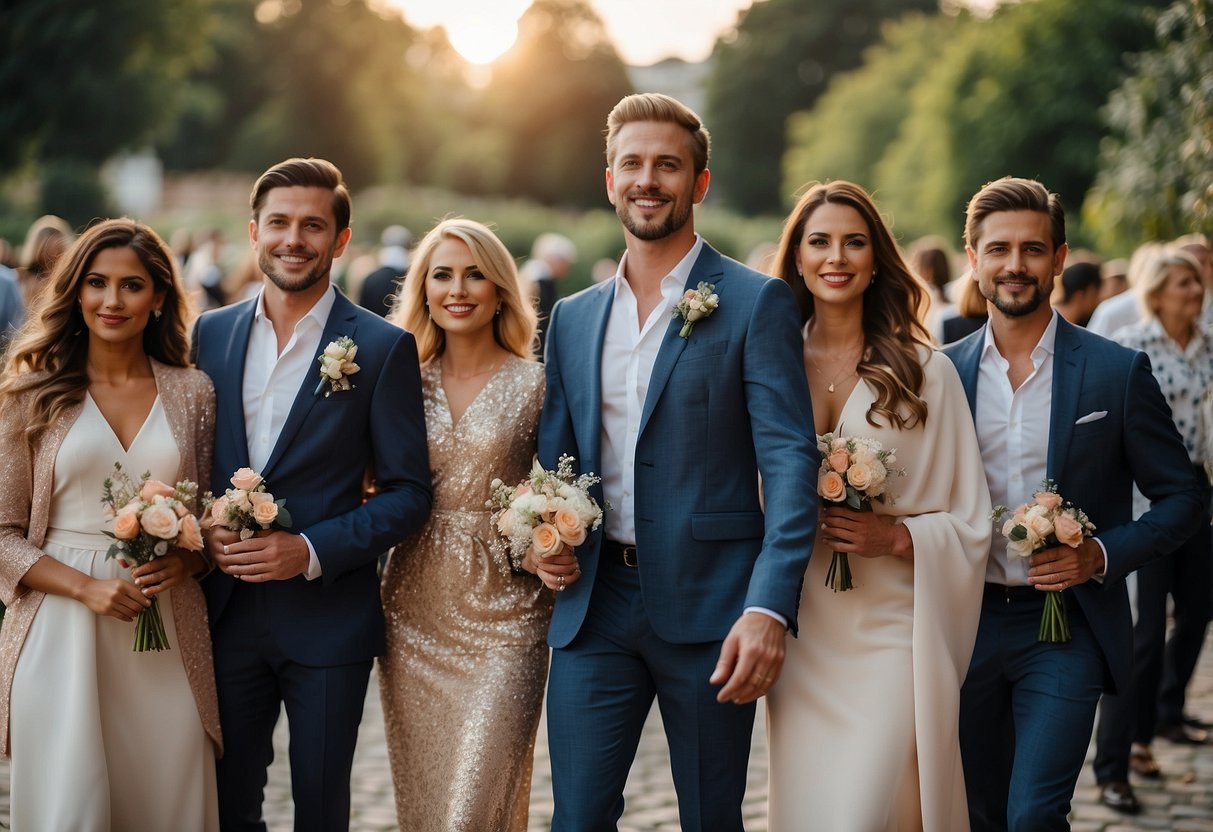 A group of wedding guests wearing elegant attire, some with stylish cover-ups like shawls or jackets, following the etiquette for the occasion