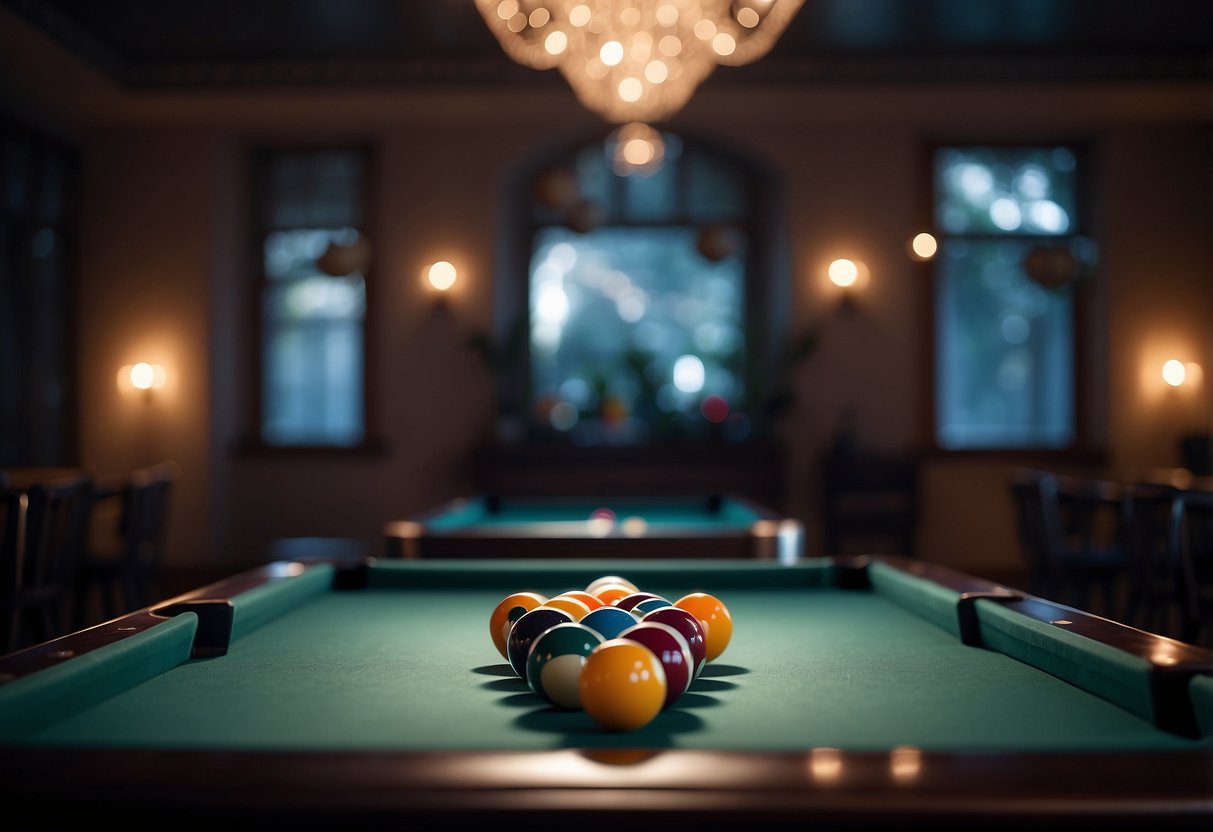 A pool table with LED pool balls glowing in the dark, set up for a wedding reception with elegant decor and romantic lighting