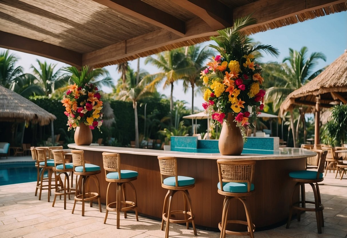 A poolside bar with tropical decor, palm trees, and colorful flowers. A wedding setup with elegant tables, chairs, and a beautiful arch adorned with tropical blooms