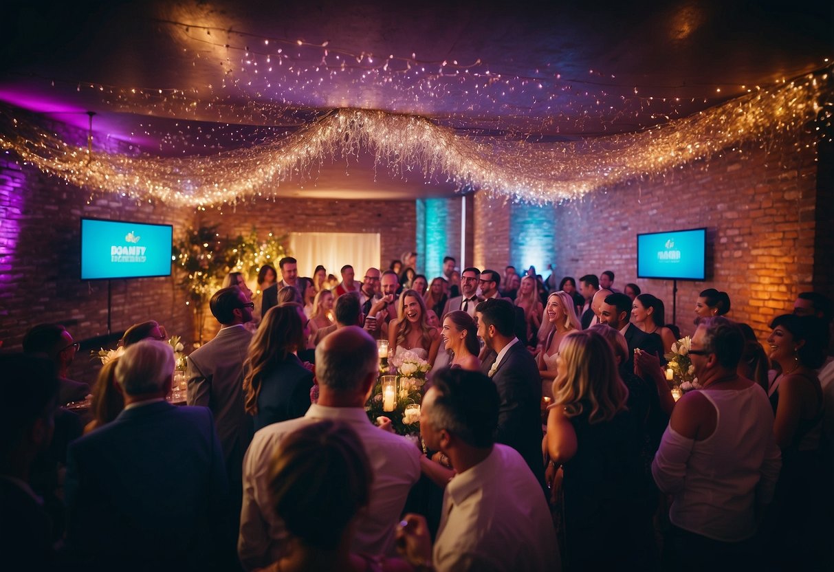 A wedding reception with a vibrant LED neon sign photo booth, surrounded by joyful guests and colorful decorations