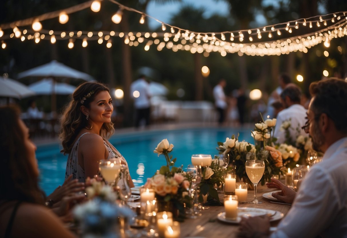 A poolside wedding reception with fairy lights, floating candles, and floral decorations. Guests mingle around the pool, enjoying cocktails and live music