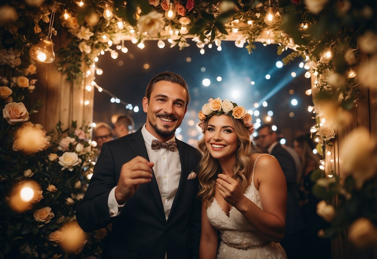 A photo booth adorned with wedding-themed props and a backdrop of flowers and fairy lights, surrounded by joyful guests taking fun and candid pictures