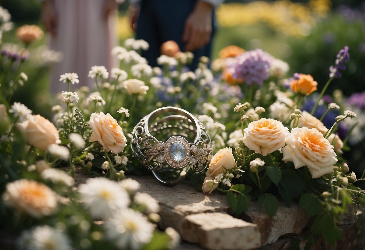 Guests search for hidden items like rings, bouquets, and garters in a garden filled with flowers and decorations