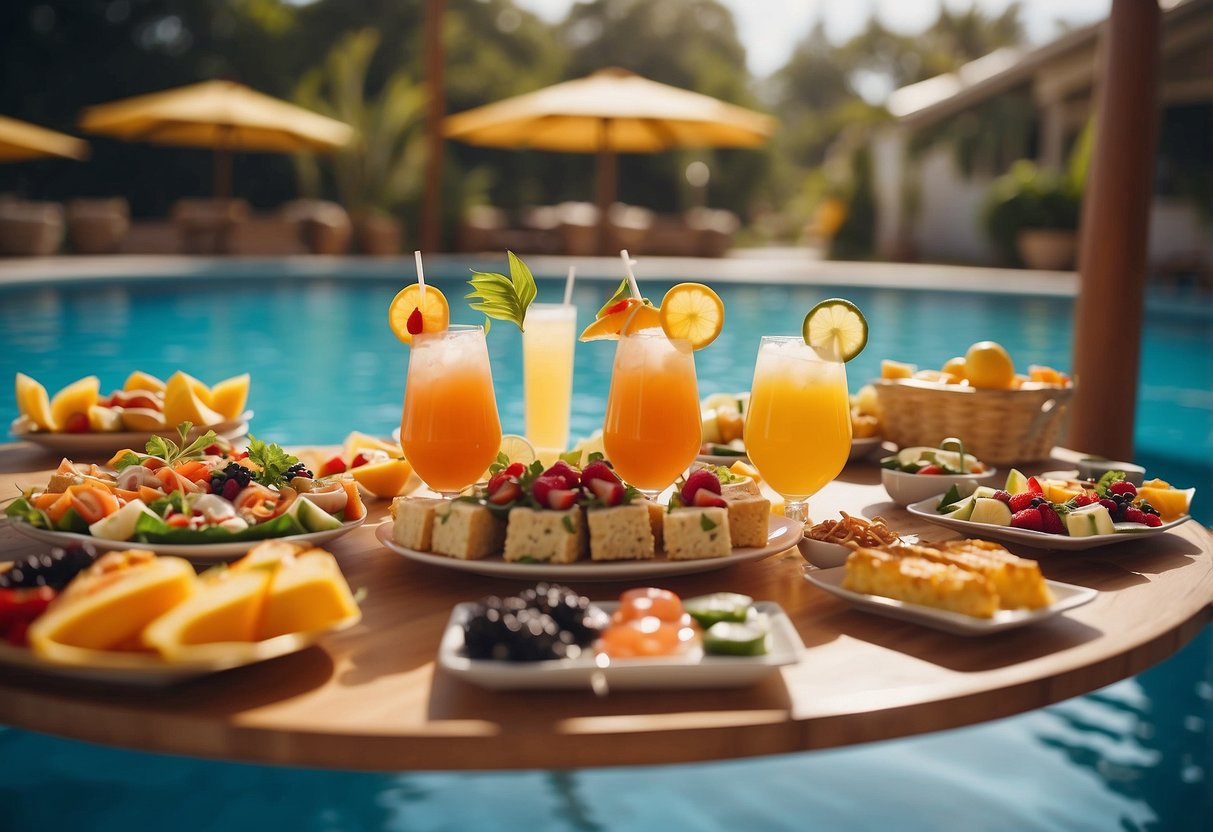 Colorful food and drink stations arranged around a pool, with floating trays of appetizers and cocktails. Bright umbrellas and tropical decor add to the festive atmosphere