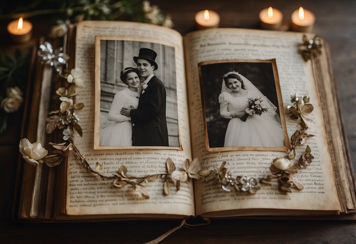 An old wedding photo album with worn pages and faded pictures, surrounded by scattered trinkets and mementos from the couple's long marriage