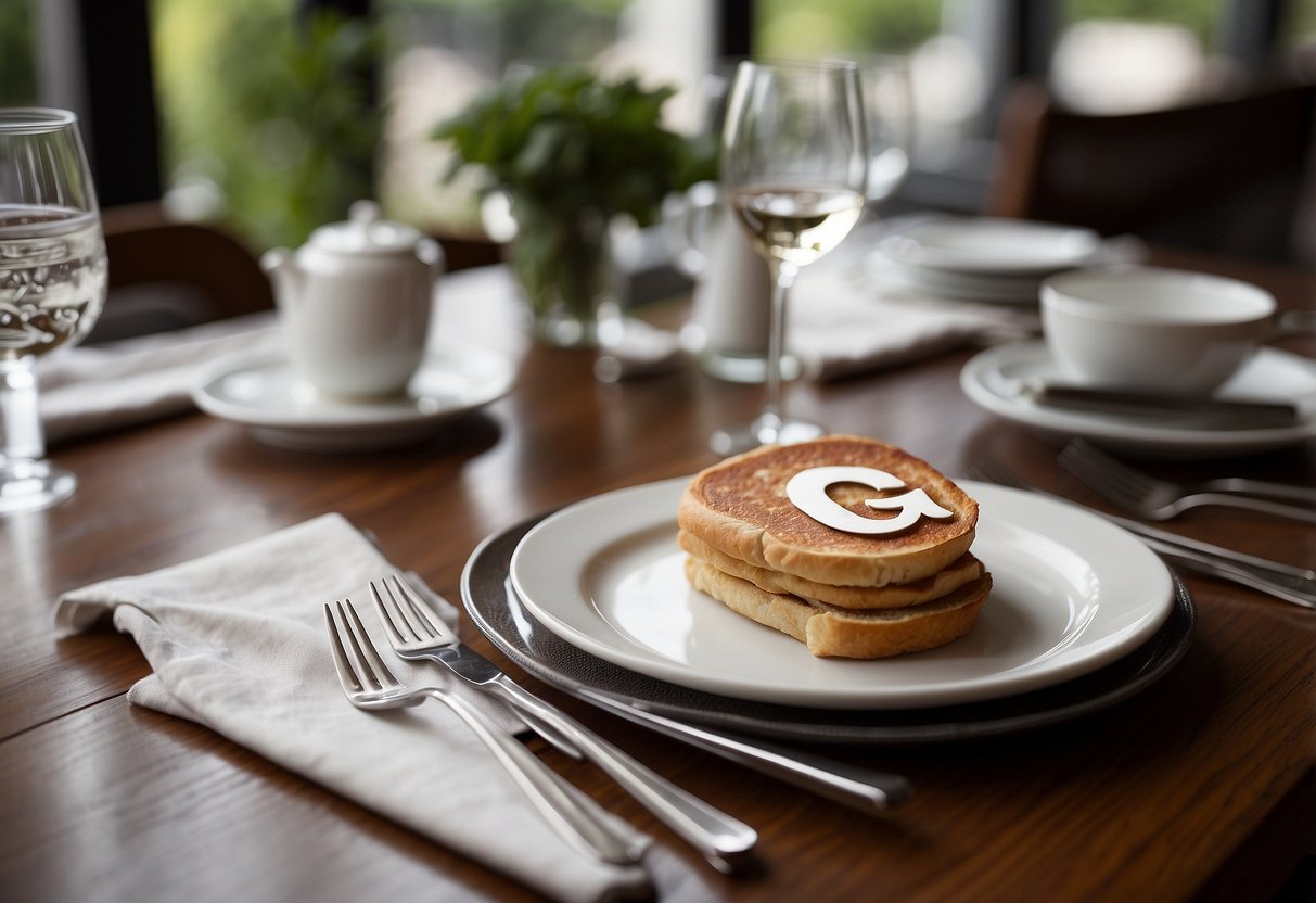 A table with two place settings, each with a napkin folded into the shape of the letter "G" and a menu with the initials "L" and "A" highlighted