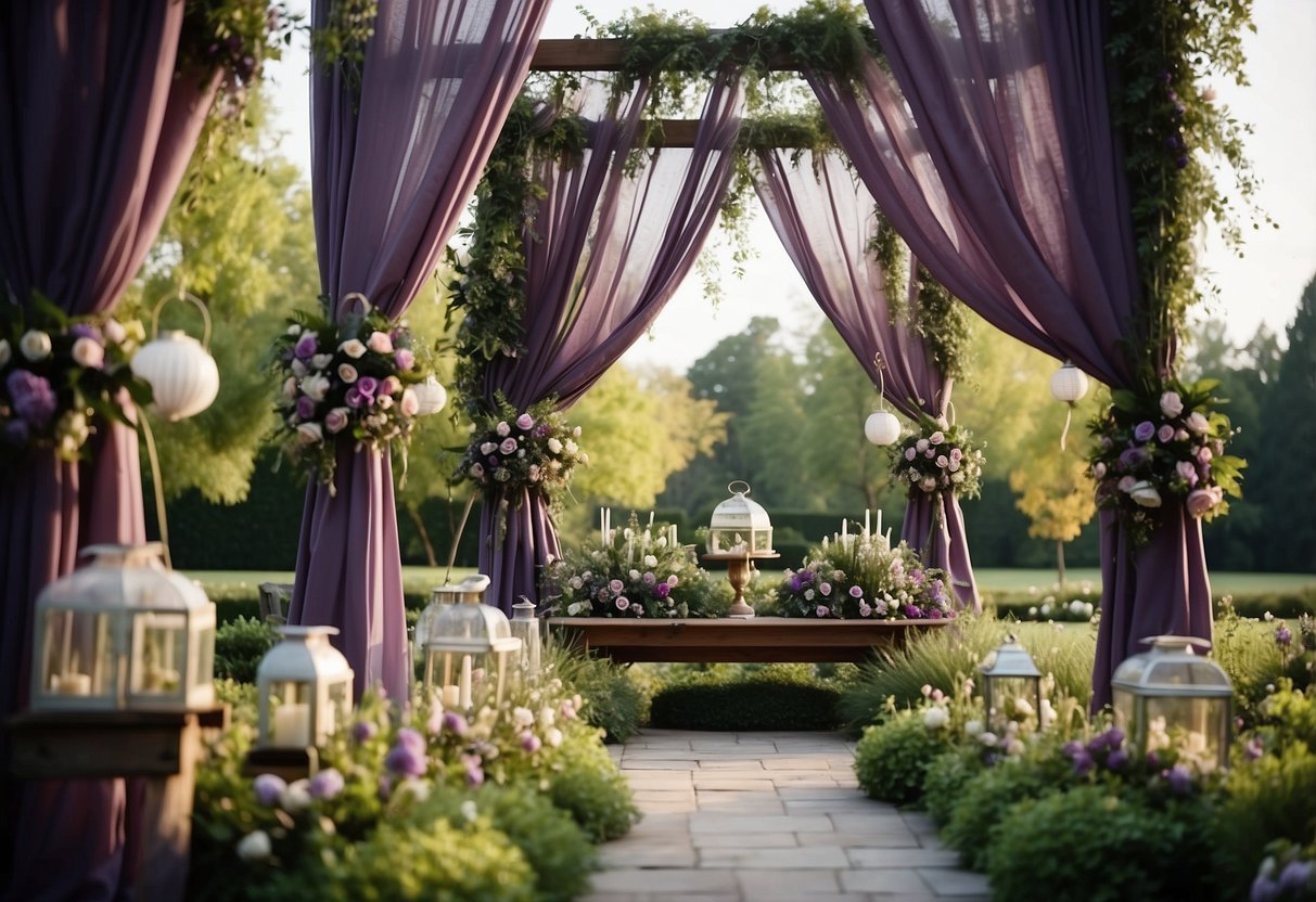 A lush garden with purple and green floral arrangements, draped fabric, and hanging lanterns for a romantic wedding setting