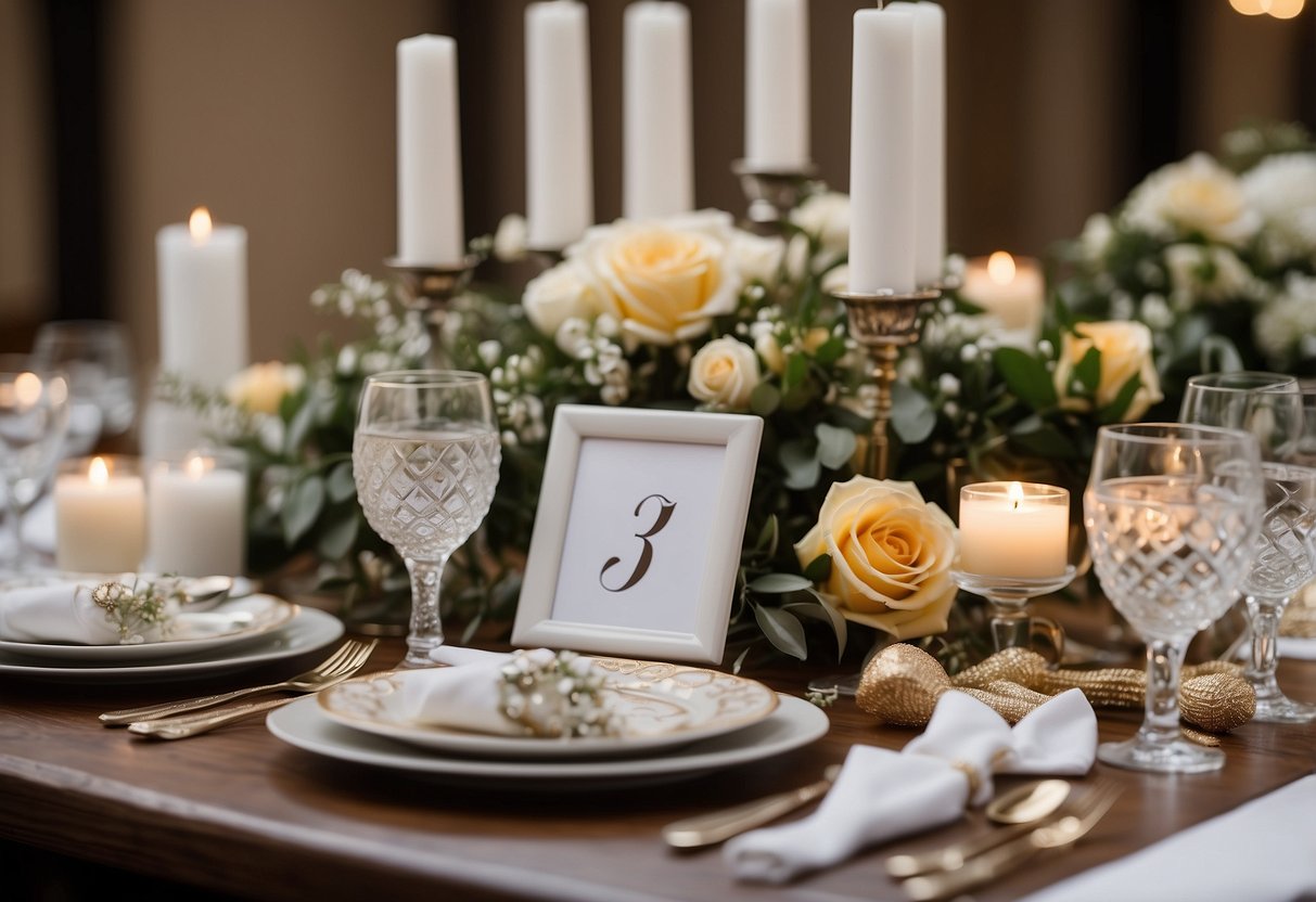 A table set with wedding scavenger hunt items, ready for a selfie