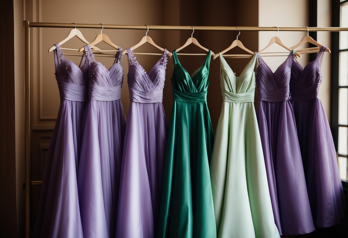 Lavender and green bridesmaid dresses arranged in a beautiful wedding setting with purple and green decor