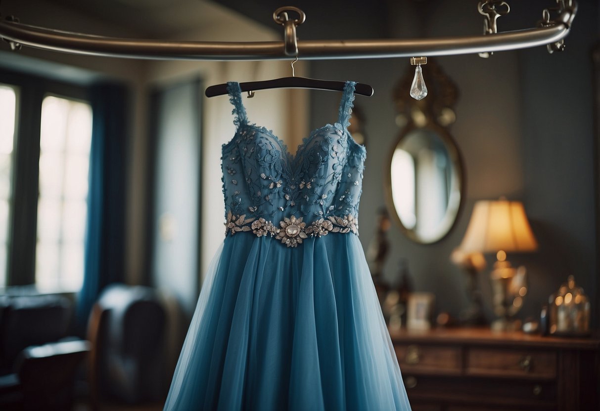 A blue wedding dress hanging on a vintage coat rack