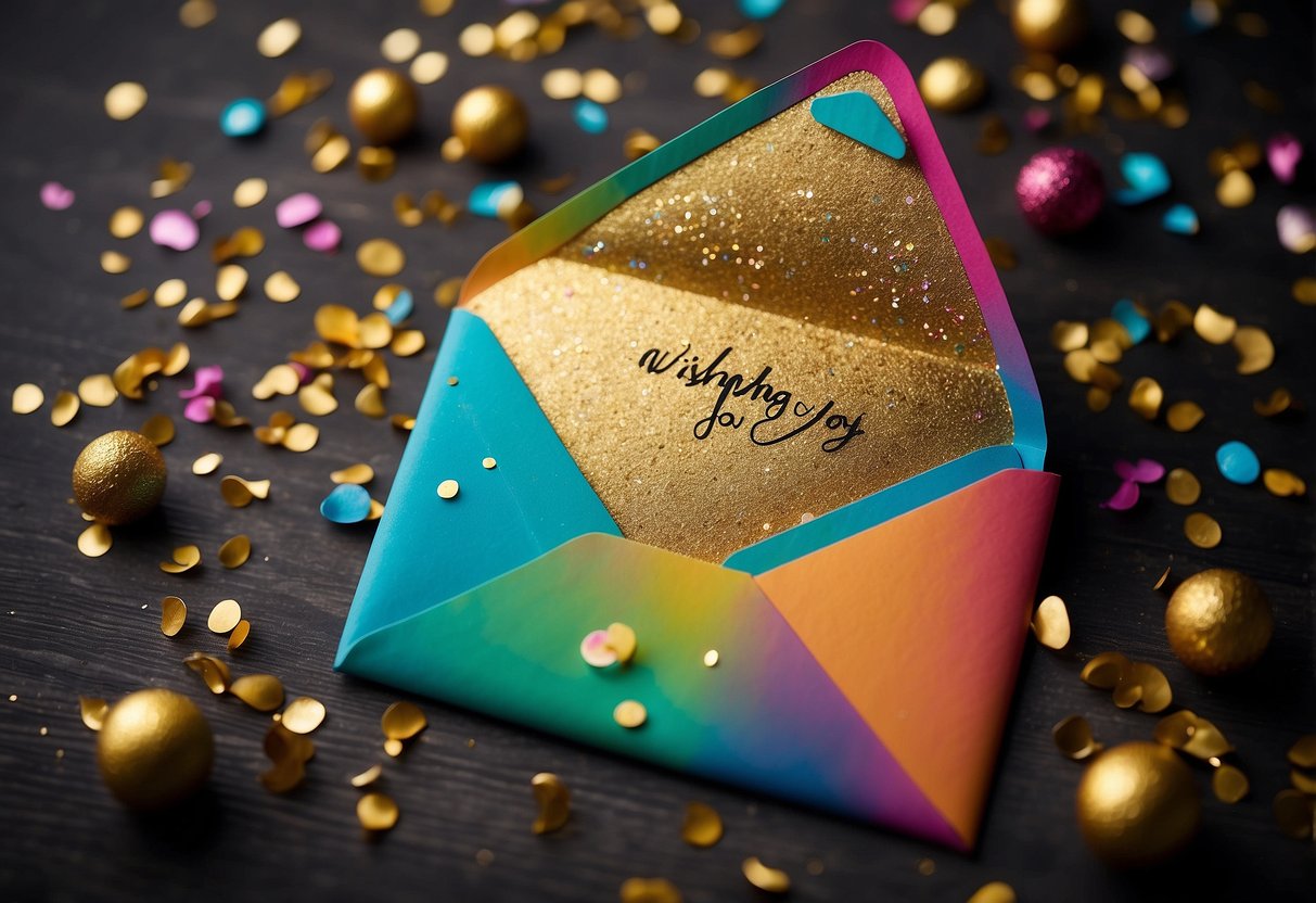 A colorful envelope with "Wishing you joy and happiness" written in elegant script, surrounded by vibrant confetti and sparkling stars