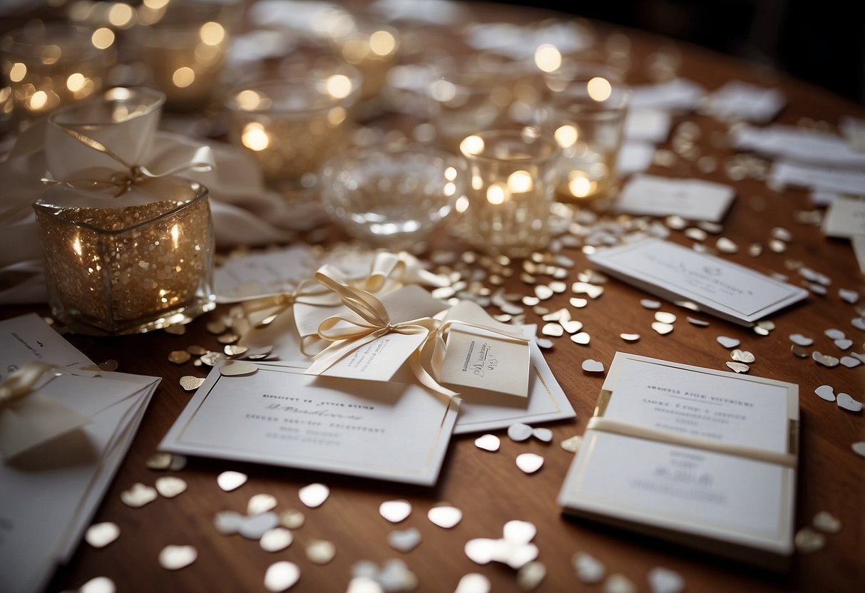 A table with scattered wedding invitations, a pile of confetti, and a collection of wedding favors from various ceremonies