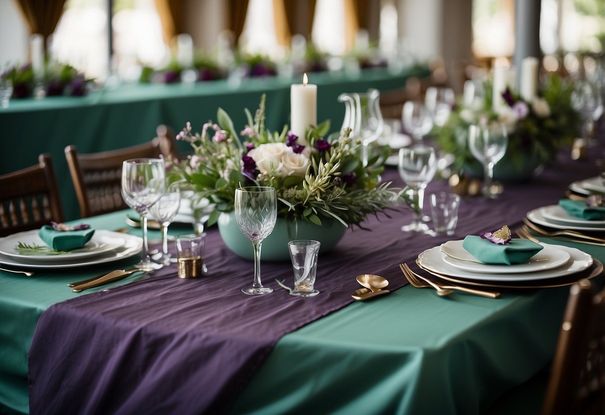 Sage green table runners adorned with amethyst accents for a vibrant purple and green wedding theme