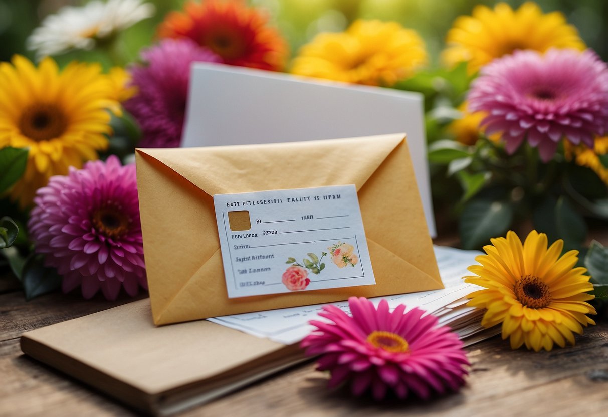 A colorful envelope with a cheerful note and cash inside, surrounded by vibrant flowers and sunshine