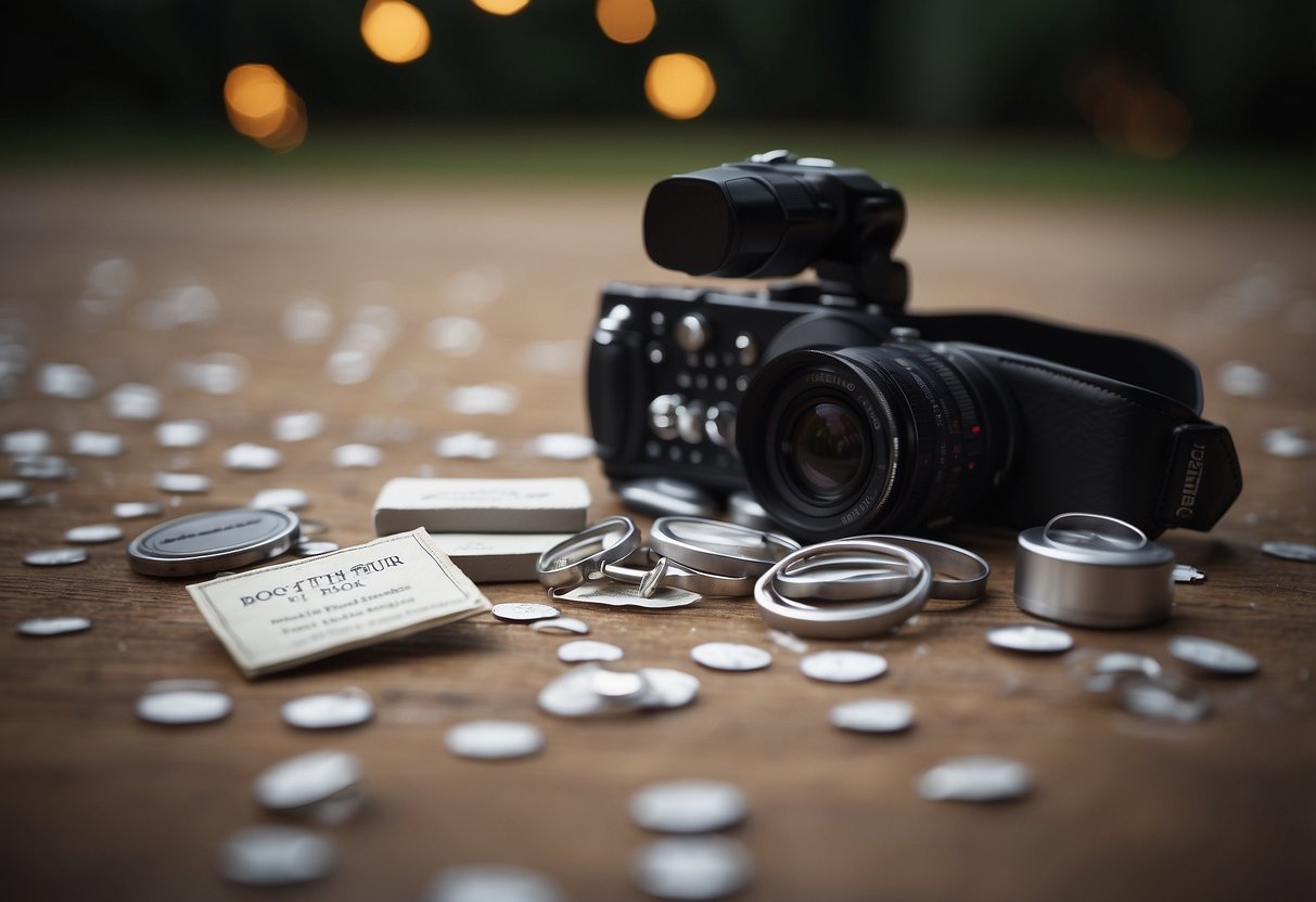 A group of items for a wedding scavenger hunt scattered on a dance floor