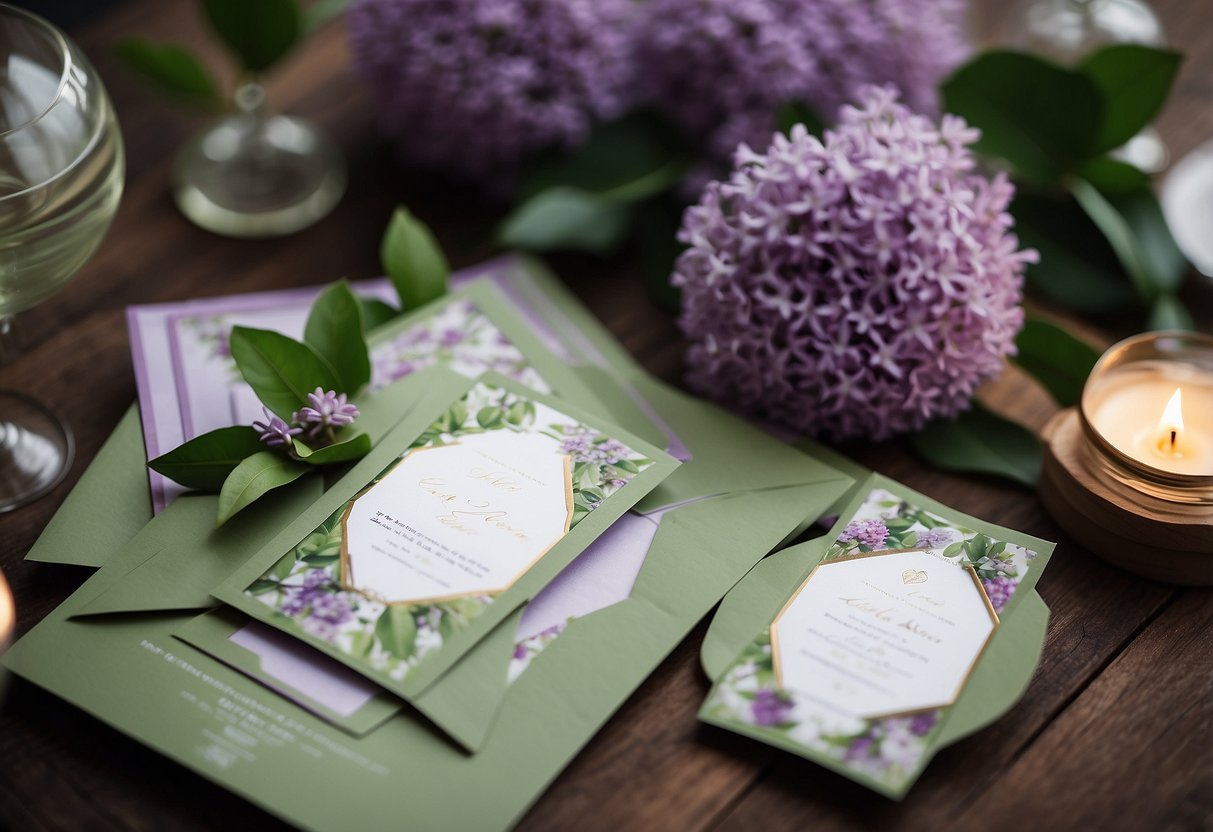 Lilac and olive green invitations arranged with purple and green wedding decor