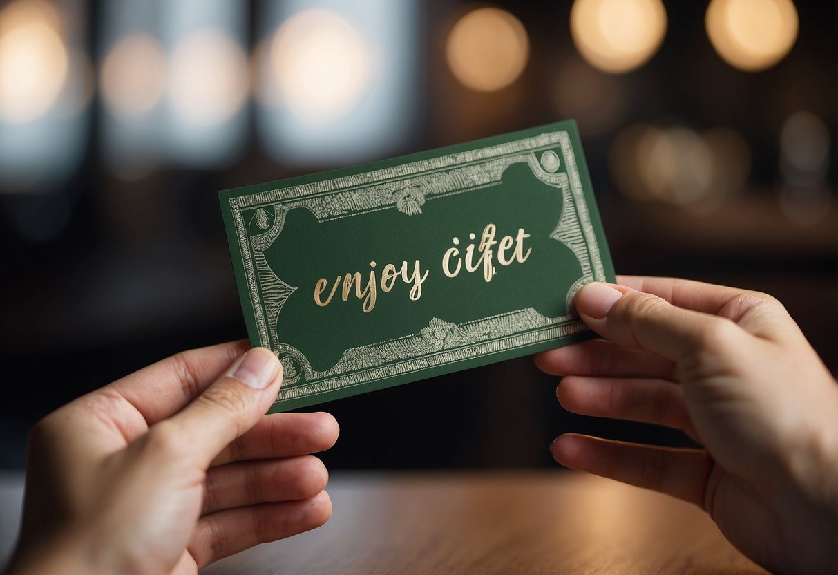 A hand holding a card with "Enjoy this gift" written on it, with money tucked inside