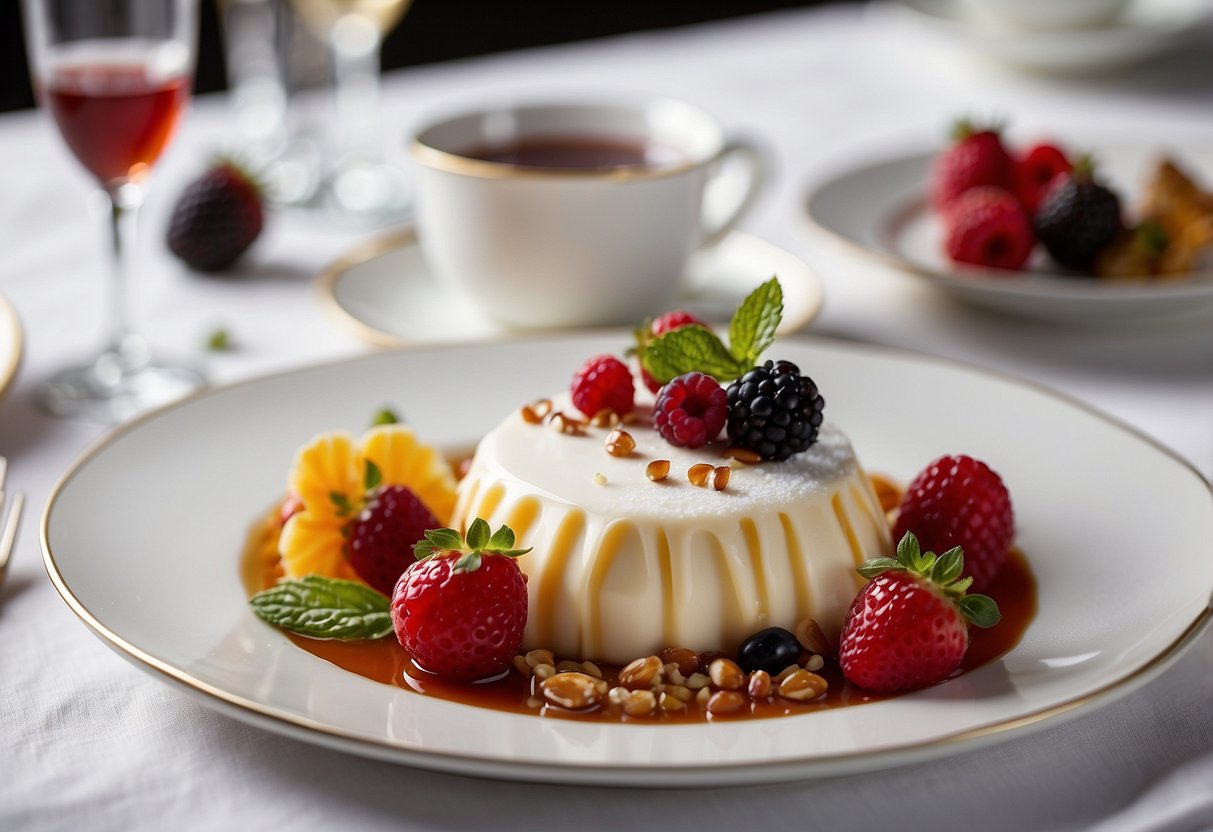 A beautifully plated dessert sits on a white tablecloth, surrounded by elegant dinnerware and sparkling glassware. The dessert is adorned with delicate garnishes and drizzled with decadent sauce, creating a visually stunning presentation