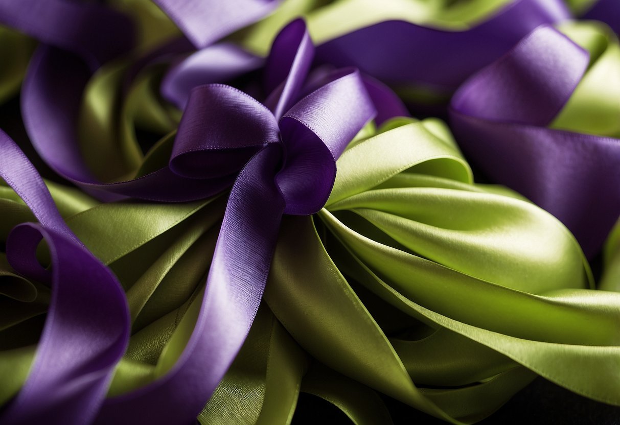 A vibrant backdrop of intertwining violet and lime ribbons, creating a lush and enchanting atmosphere for a wedding ceremony