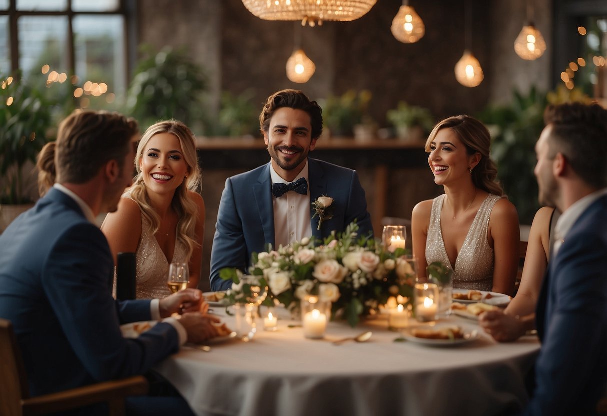 A group of friends gathers around a table, listening intently as one person animatedly recounts the story of how they first met the bride or groom. Laughter and smiles fill the room as the tale unfolds